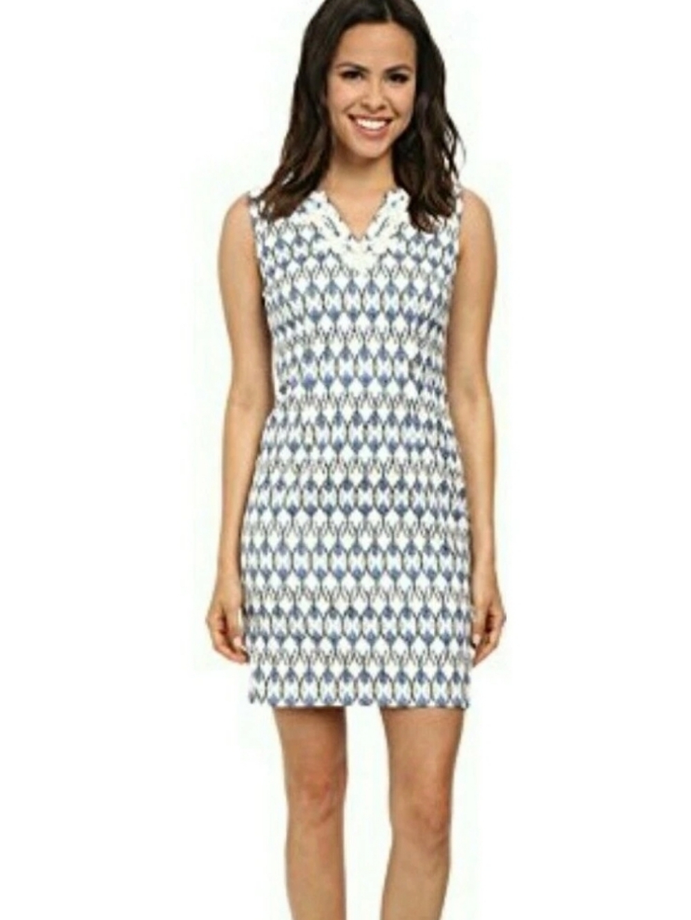 NYDJ Sheath Dress Tiffany Size 0 Sleeveless Blue Print V-Neck Lined Jacquard EUC